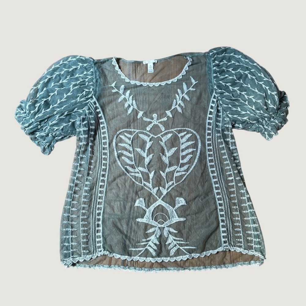 Est. 1946 Sheer Mesh Embroidered Top Women Green Boho Puff Sleeve SIZE XL